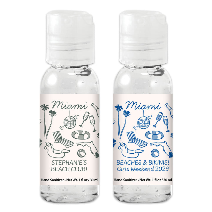 Custom Wedding Hand Sanitizers 1 oz Gel, Girls Trip, Miami Bachelorette Sanitizers