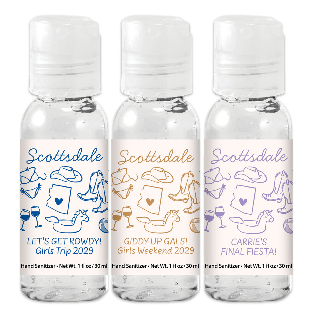 Custom Wedding Hand Sanitizers 1 oz Gel, Girls Trip, Scottsdale Bachelorette Sanitizers