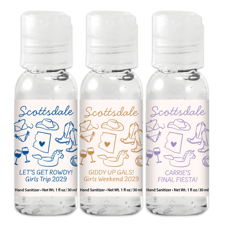 Custom Wedding Hand Sanitizers 1 oz Gel, Girls Trip, Scottsdale Bachelorette Sanitizers
