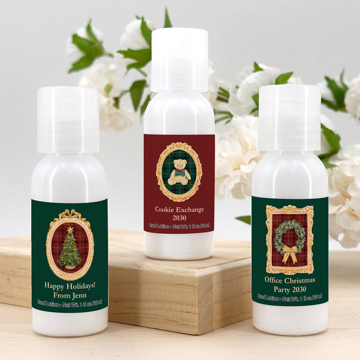 Traditional Christmas Favors, Custom Hand Lotion Favors, Holiday Party Gifts, Gold Frame Christmas Hand Lotion