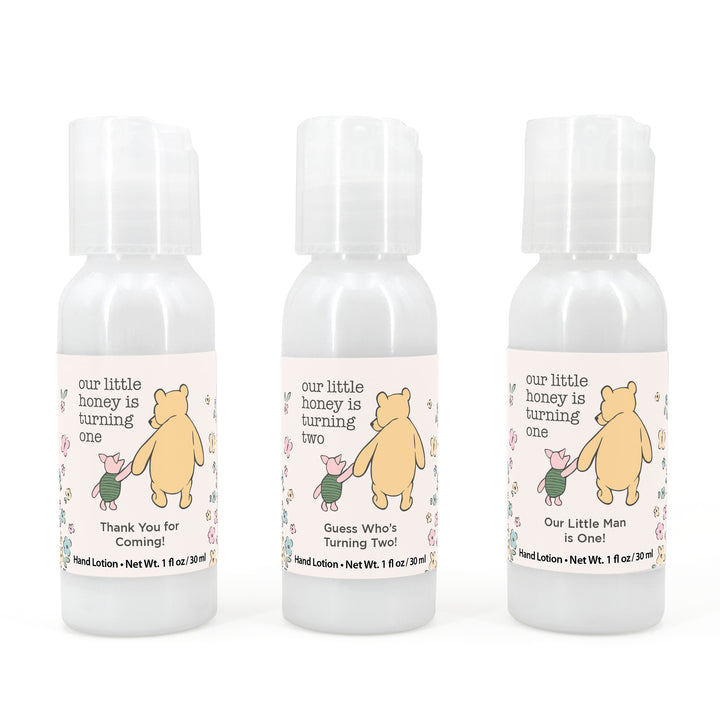 Winnie the Pooh and Piglet Birthday, Our Little Honey is Turning One, Hand Lotion Party Favors