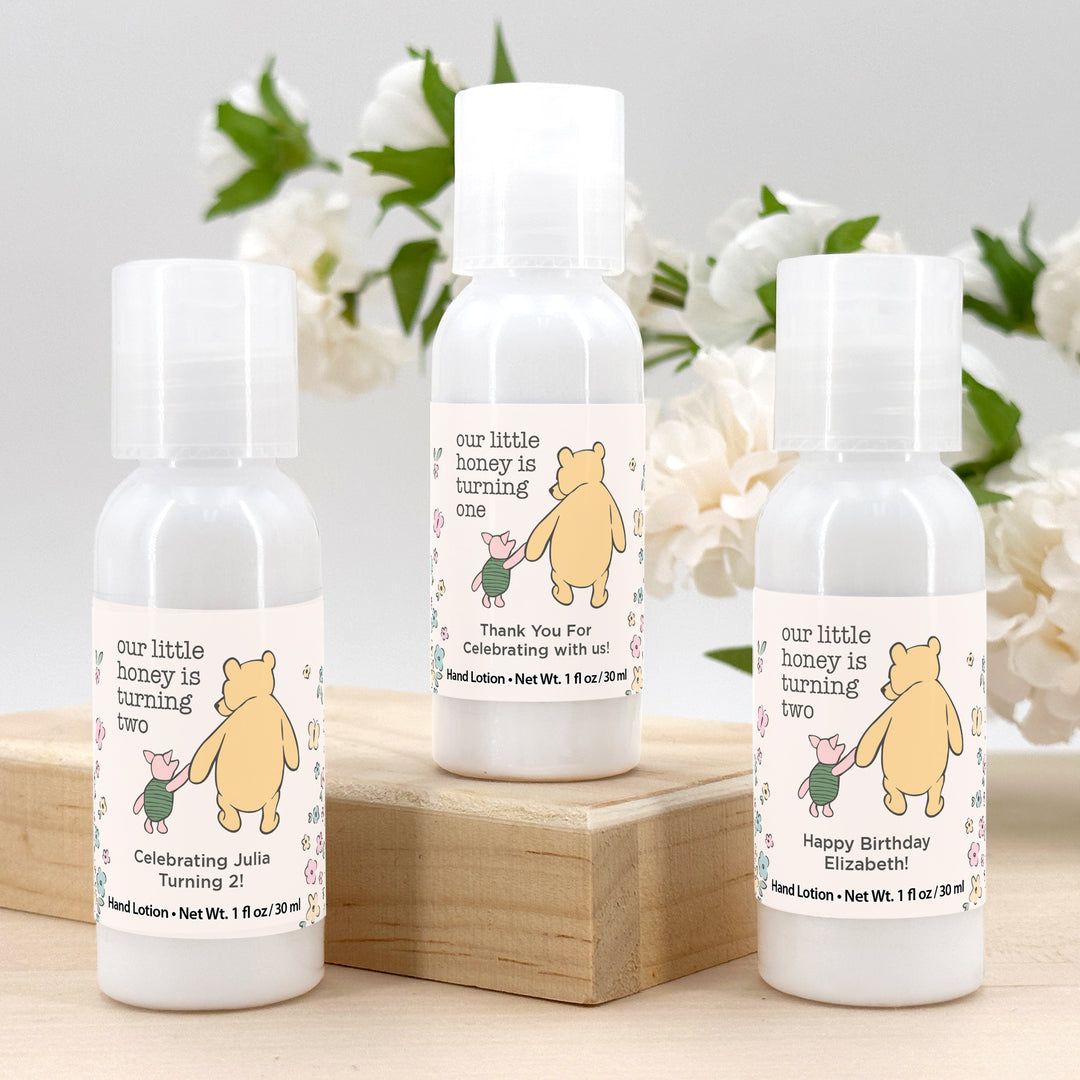 Winnie the Pooh and Piglet Birthday, Our Little Honey is Turning One, Hand Lotion Party Favors