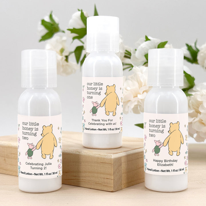 Winnie the Pooh and Piglet Birthday, Our Little Honey is Turning One, Hand Lotion Party Favors