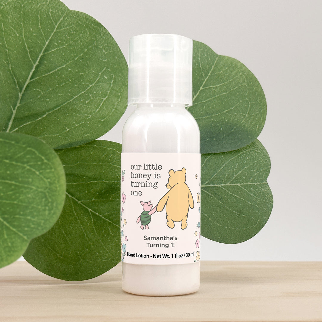 Winnie the Pooh and Piglet Birthday, Our Little Honey is Turning One, Hand Lotion Party Favors