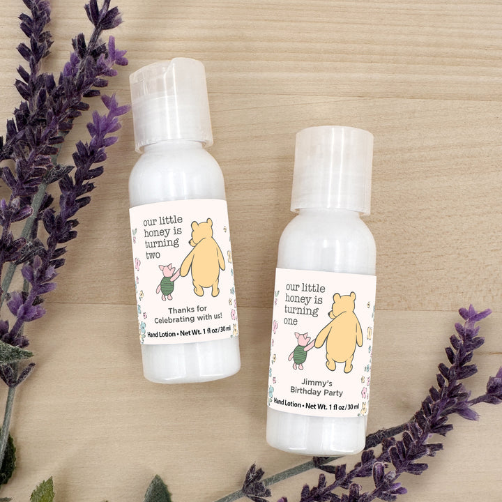Winnie the Pooh and Piglet Birthday, Our Little Honey is Turning One, Hand Lotion Party Favors