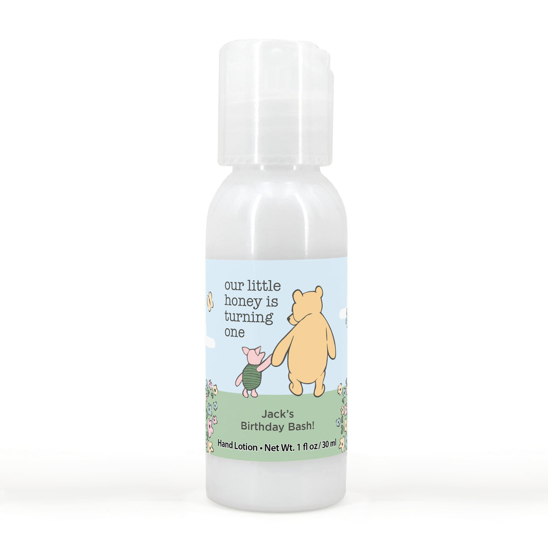 Winnie the Pooh and Piglet Blue Skies Birthday, Our Little Honey is Turning One, Hand Lotion Party Favors