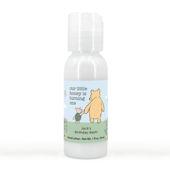 Winnie the Pooh and Piglet Blue Skies Birthday, Our Little Honey is Turning One, Hand Lotion Party Favors