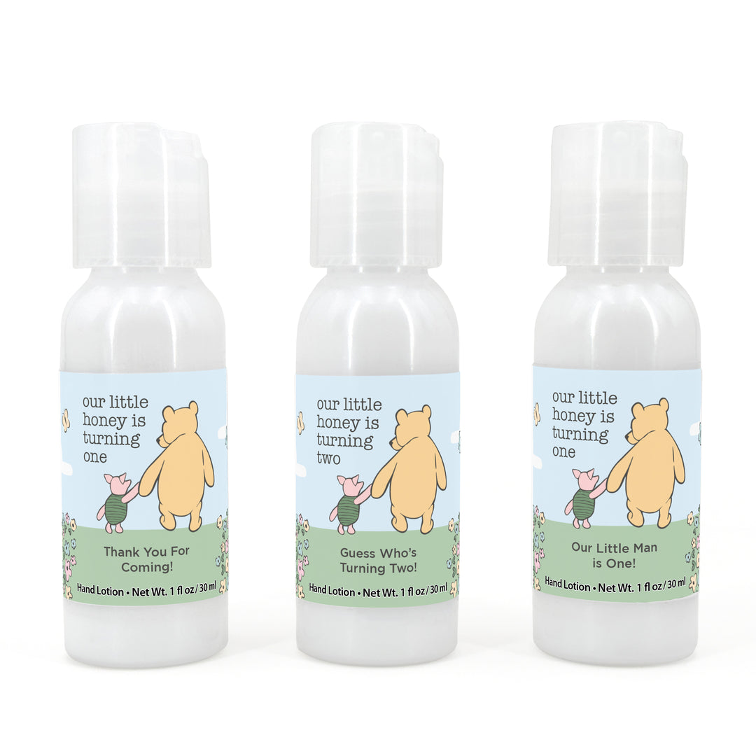 Winnie the Pooh and Piglet Blue Skies Birthday, Our Little Honey is Turning One, Hand Lotion Party Favors