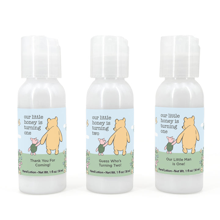 Winnie the Pooh and Piglet Blue Skies Birthday, Our Little Honey is Turning One, Hand Lotion Party Favors