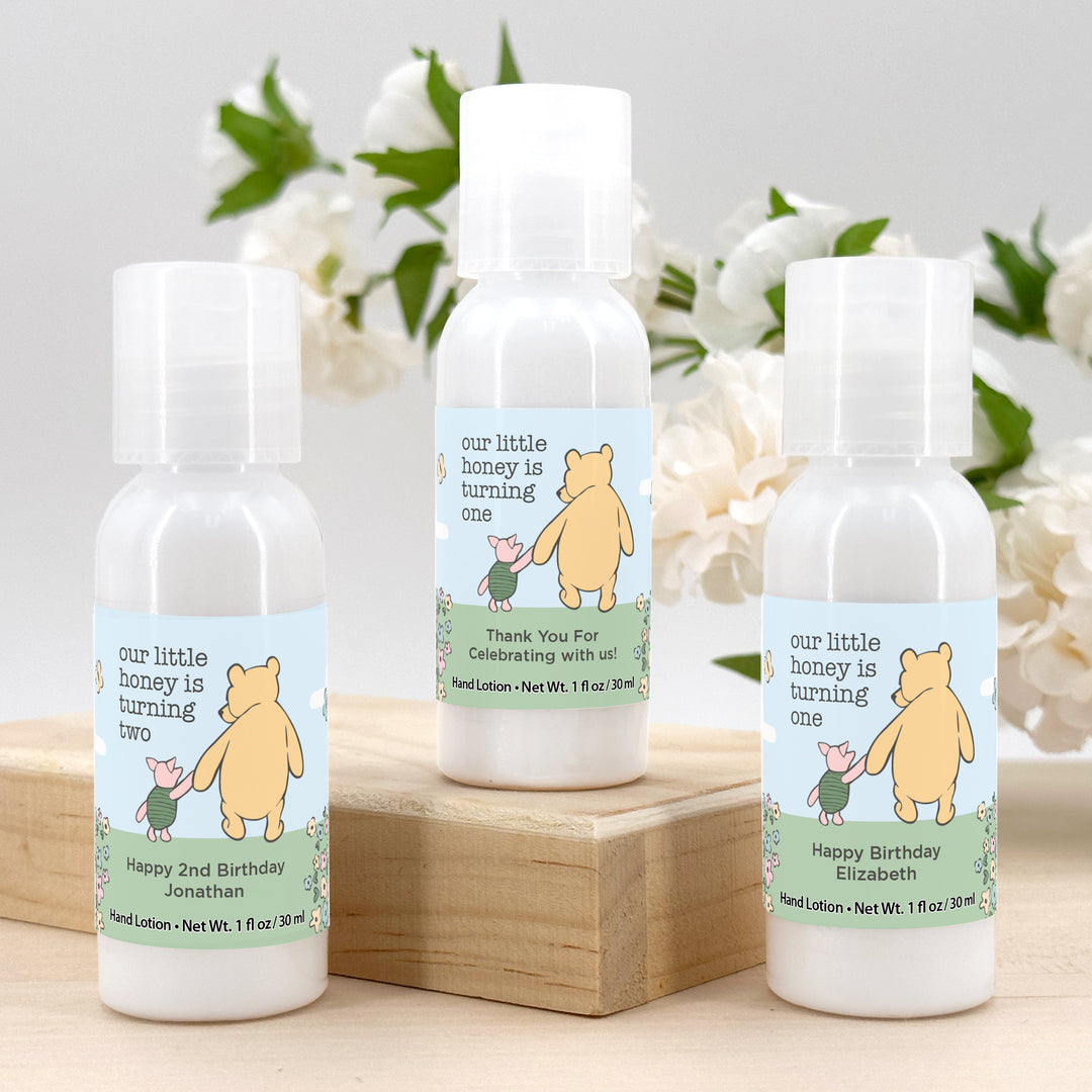 Winnie the Pooh and Piglet Blue Skies Birthday, Our Little Honey is Turning One, Hand Lotion Party Favors
