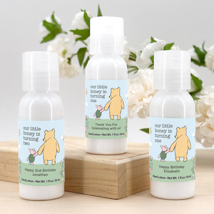 Winnie the Pooh and Piglet Blue Skies Birthday, Our Little Honey is Turning One, Hand Lotion Party Favors
