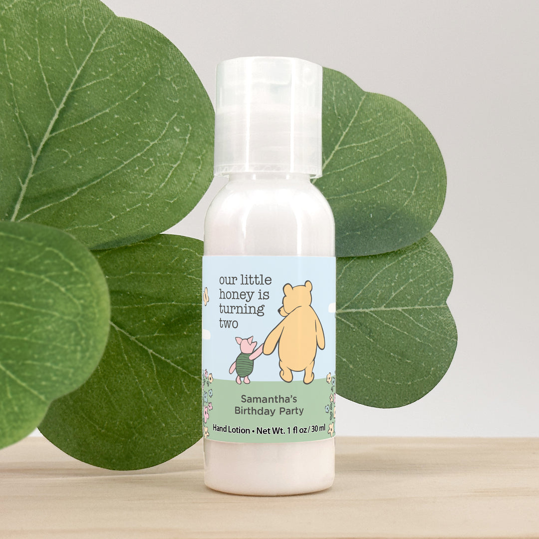 Winnie the Pooh and Piglet Blue Skies Birthday, Our Little Honey is Turning One, Hand Lotion Party Favors