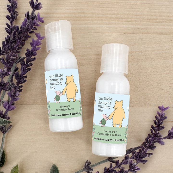 Winnie the Pooh and Piglet Blue Skies Birthday, Our Little Honey is Turning One, Hand Lotion Party Favors