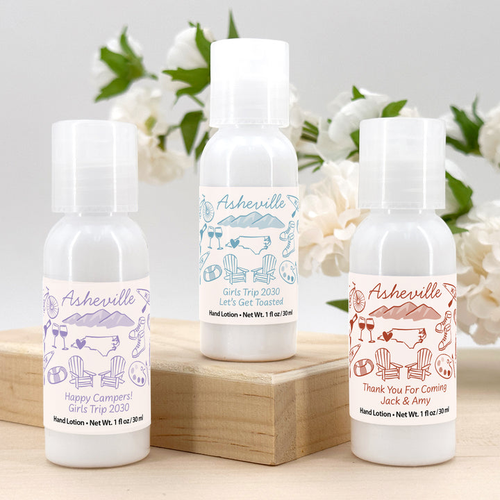 Custom Hand Lotion Wedding Favors, Girls Trip, Asheville Bachelorette Hand Lotion