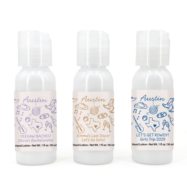 Custom Hand Lotion Wedding Favors, Girls Trip, Austin Bachelorette Hand Lotion