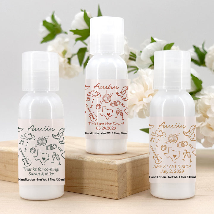 Custom Hand Lotion Wedding Favors, Girls Trip, Austin Bachelorette Hand Lotion