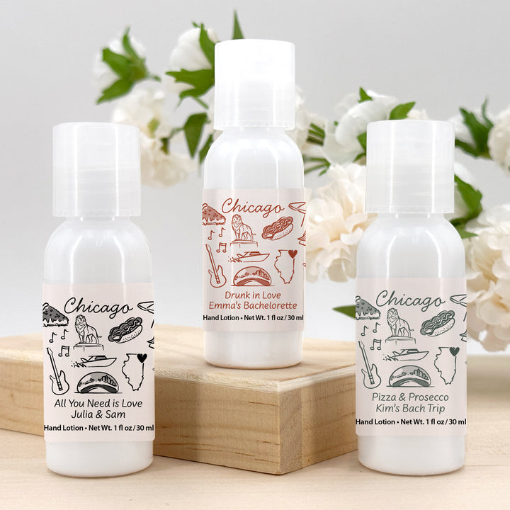 Custom Hand Lotion Wedding Favors, Girls Trip, Chicago Bachelorette Hand Lotion