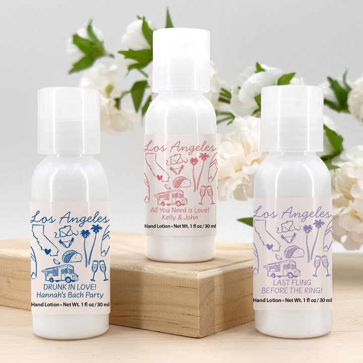 Custom Hand Lotion Wedding Favors, Girls Trip, Los Angeles Bachelorette Hand Lotion