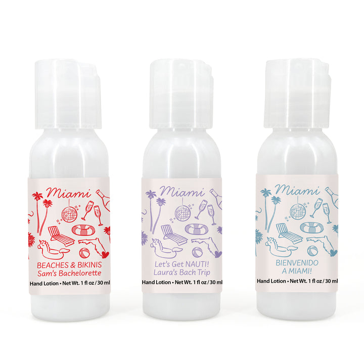 Custom Hand Lotion Wedding Favors, Girls Trip, Miami Bachelorette Hand Lotion
