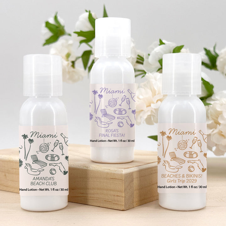 Custom Hand Lotion Wedding Favors, Girls Trip, Miami Bachelorette Hand Lotion