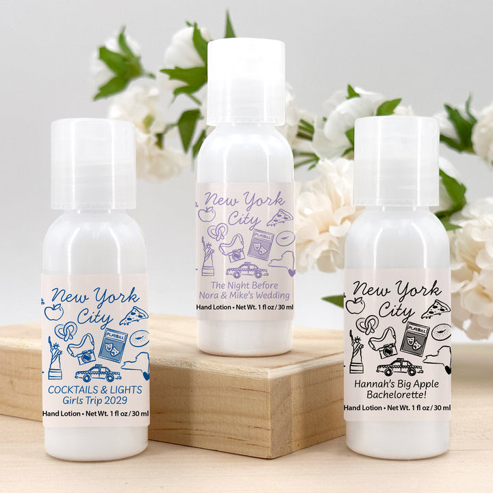 Custom Hand Lotion Wedding Favors, Girls Trip, New York City Bachelorette Hand Lotion