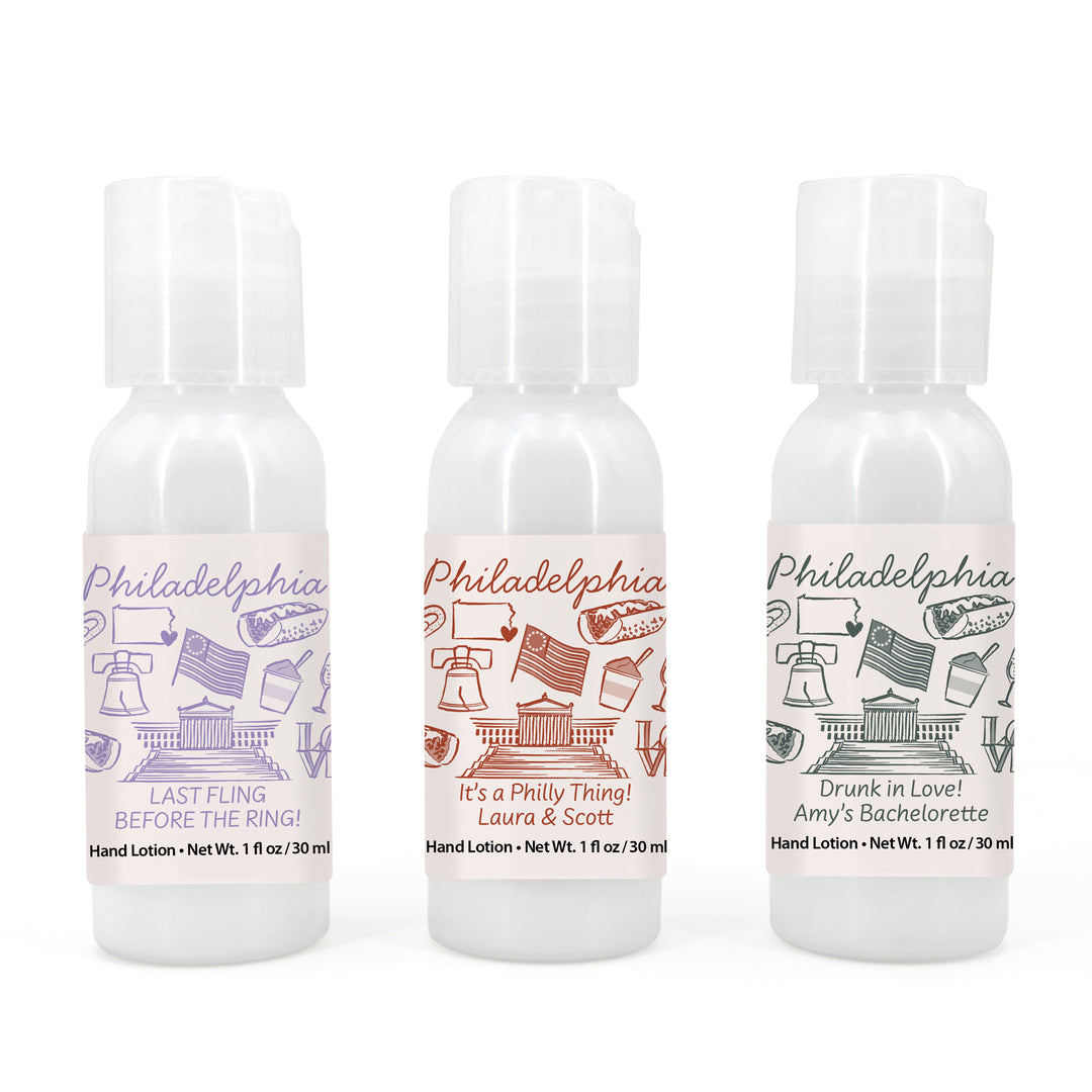 Custom Hand Lotion Wedding Favors, Girls Trip, Philadelphia Bachelorette Hand Lotion