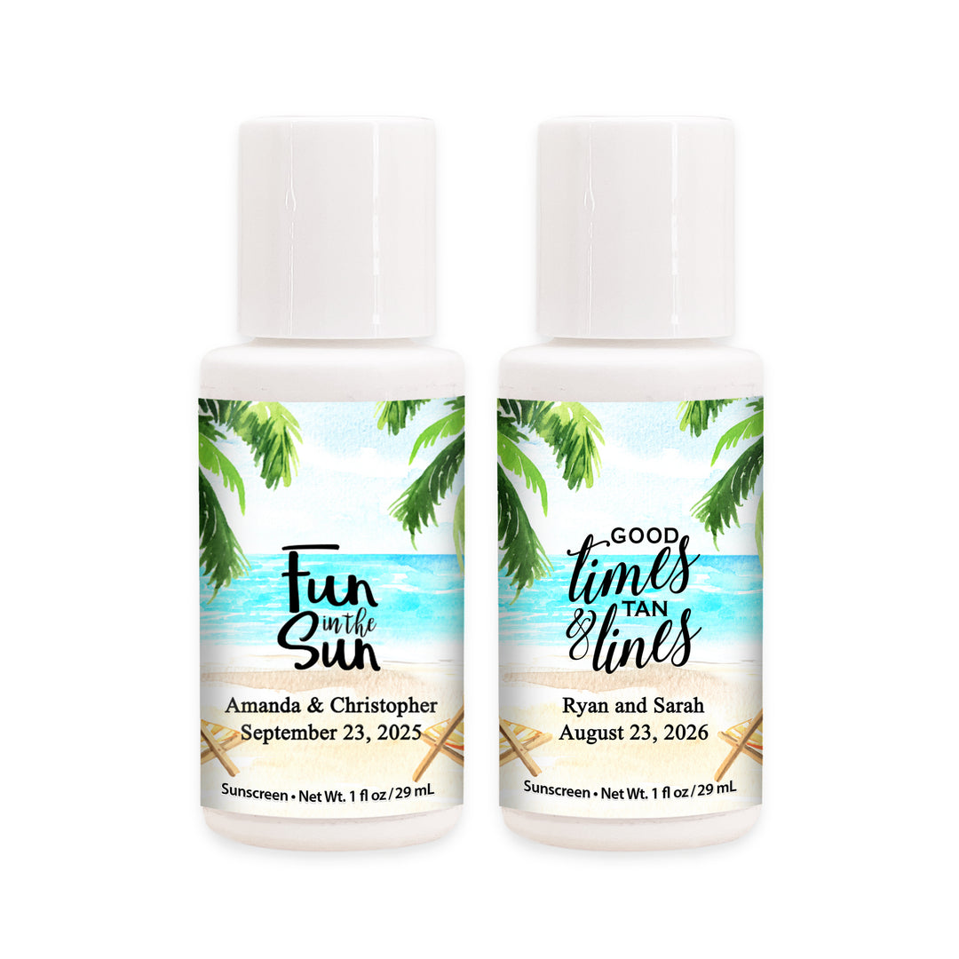 Beach Party Favors, Bachelorette Favors, Personalized Tropical Sunscreen, Bridal Shower Favors, Girls Weekend, Fun in the Sun