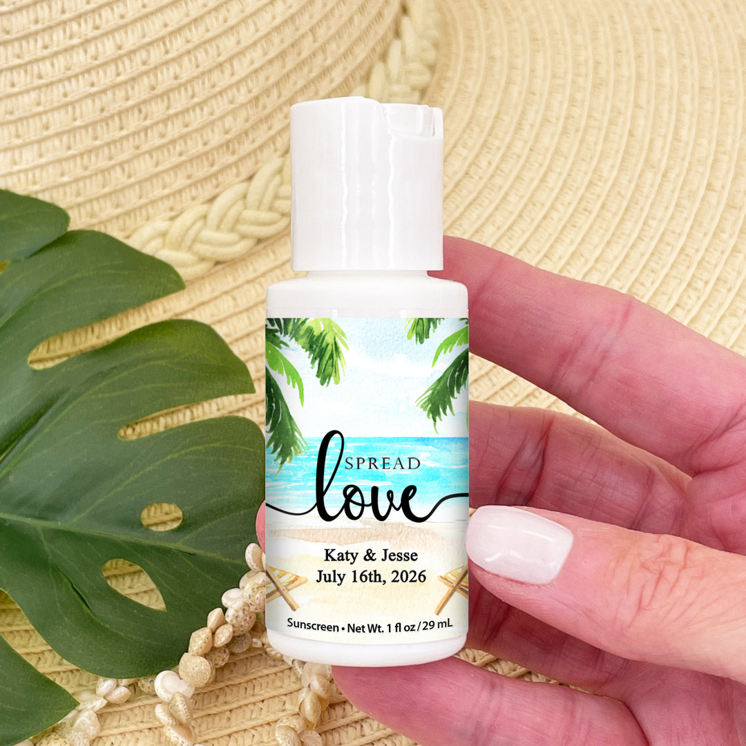 Beach Party Favors, Bachelorette Favors, Personalized Tropical Sunscreen, Bridal Shower Favors, Girls Weekend, Fun in the Sun