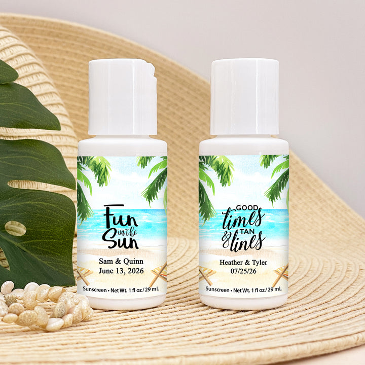 Beach Party Favors, Bachelorette Favors, Personalized Tropical Sunscreen, Bridal Shower Favors, Girls Weekend, Fun in the Sun