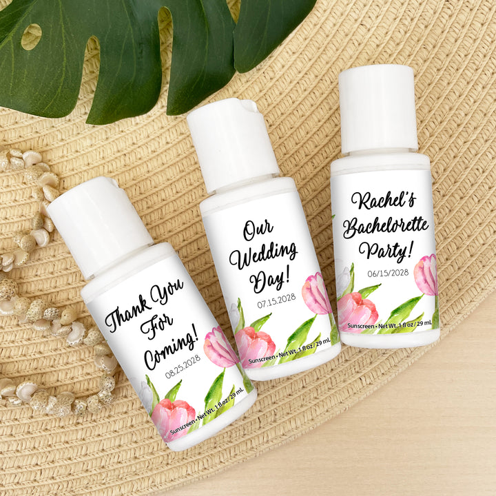 Mini Sunscreen Favor, Personalized Wedding Favors, Bachelorette Party Favors, Bridal Shower, Watercolor Tulips