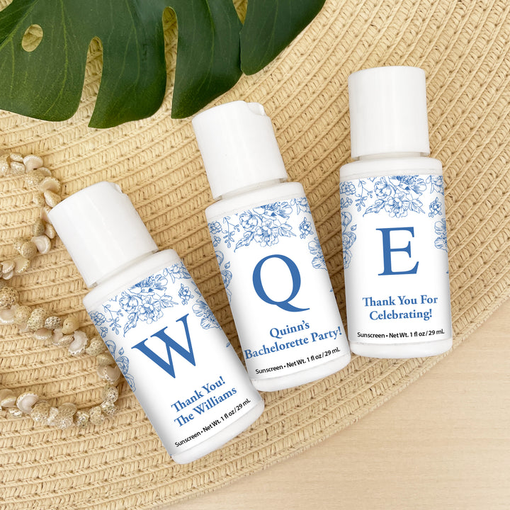 Mini Sunscreen Favor, Personalized Wedding Favors, Bachelorette Party Favors, Bridal Shower, Blue Chinoiserie, French Toile Monogram Sunscreen