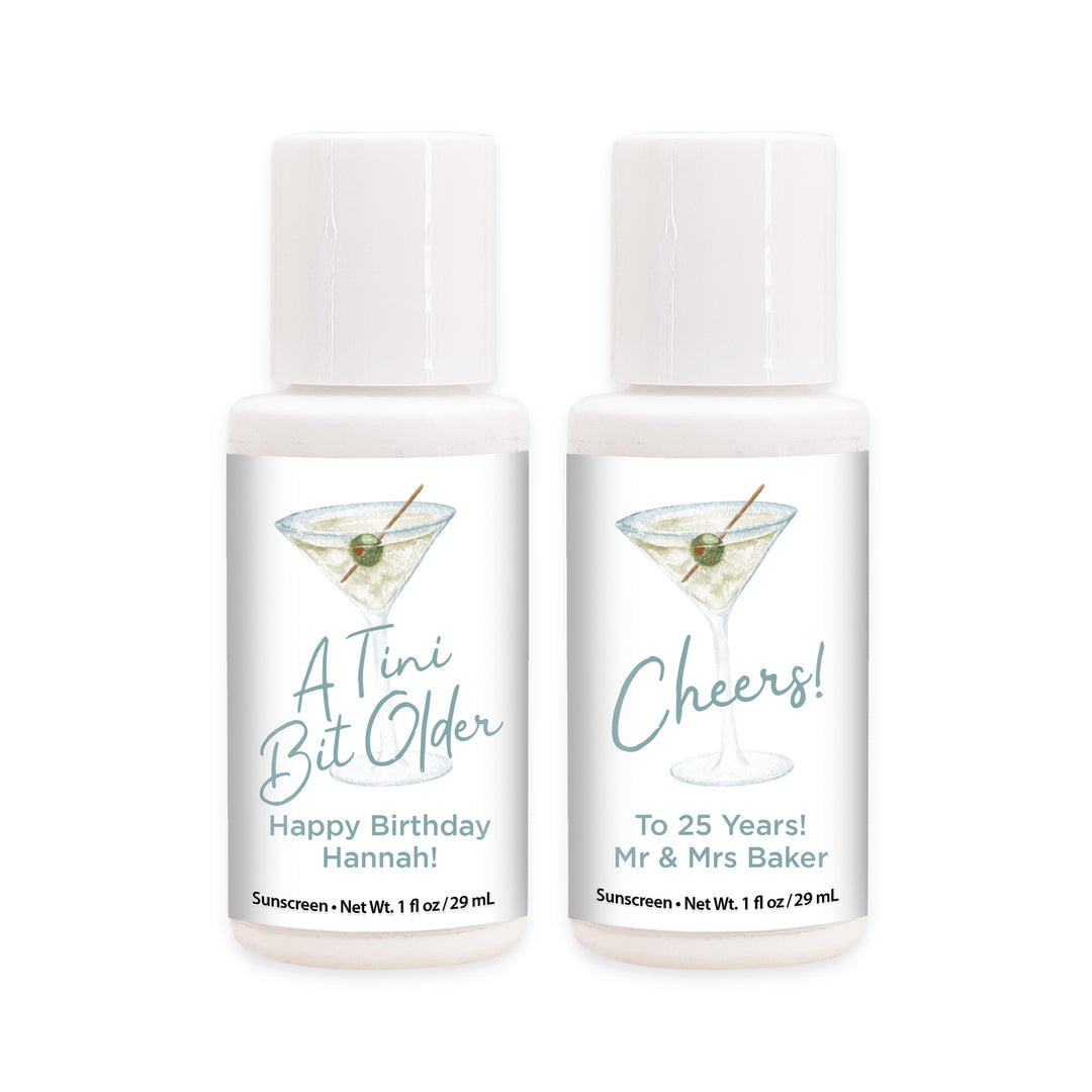 Mini Sunscreen Favor, Birthday Favors, Bachelorette Favors, A Tini Bit Older, Martini Sunscreen