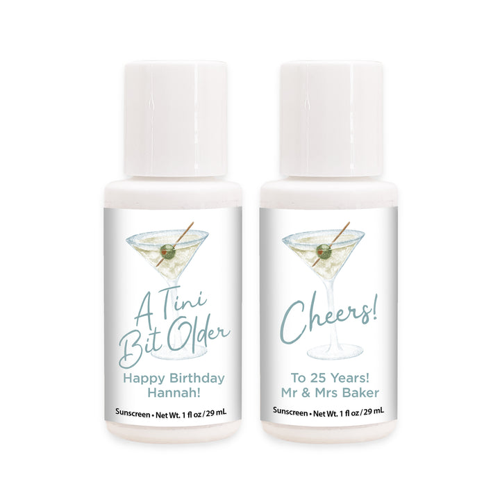 Mini Sunscreen Favor, Birthday Favors, Bachelorette Favors, A Tini Bit Older, Martini Sunscreen