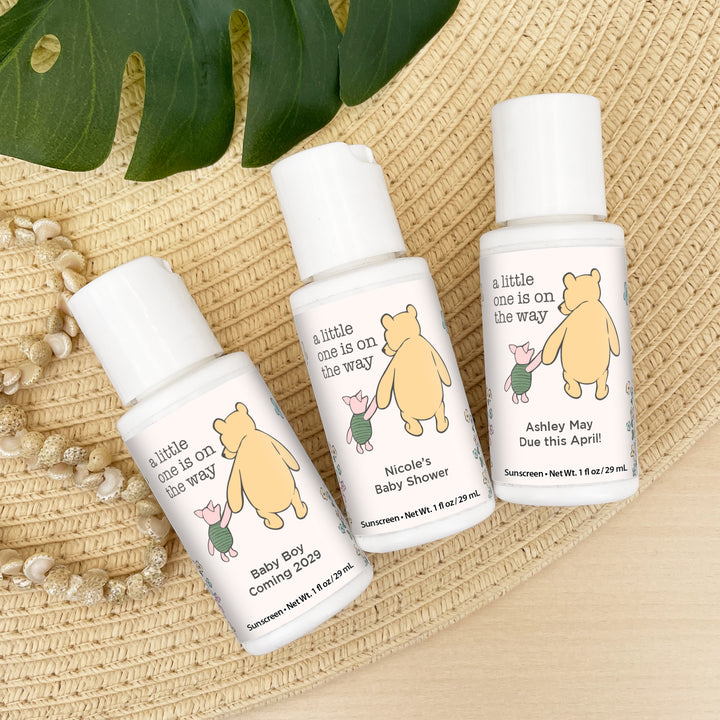 Sunscreen Baby Shower Favors, Gender Reveal, Pooh & Piglet Baby Shower, 1oz Sunscreen