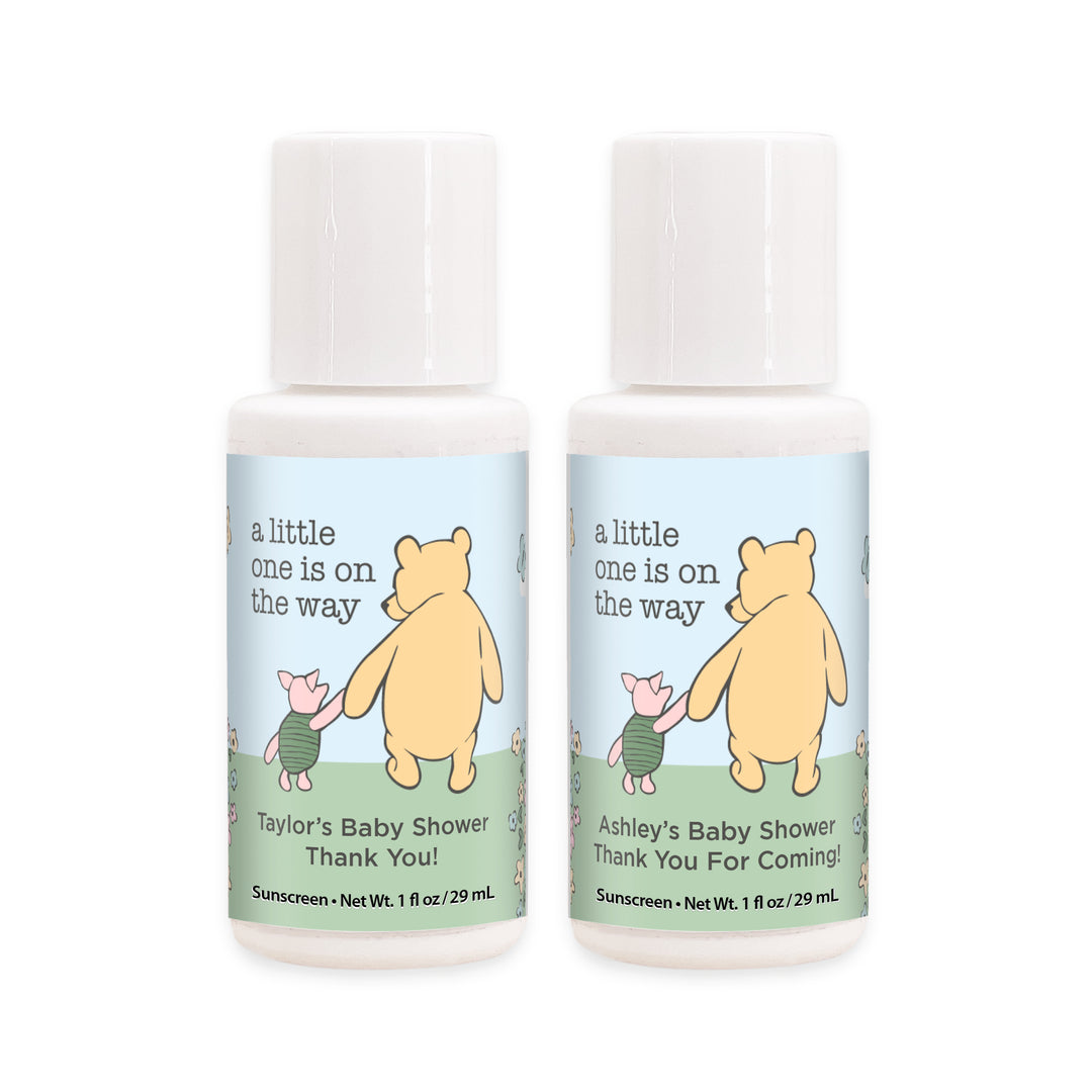 Sunscreen Baby Shower Favors, Gender Reveal, Pooh & Piglet Blue Skies Baby Shower, 1oz Sunscreen