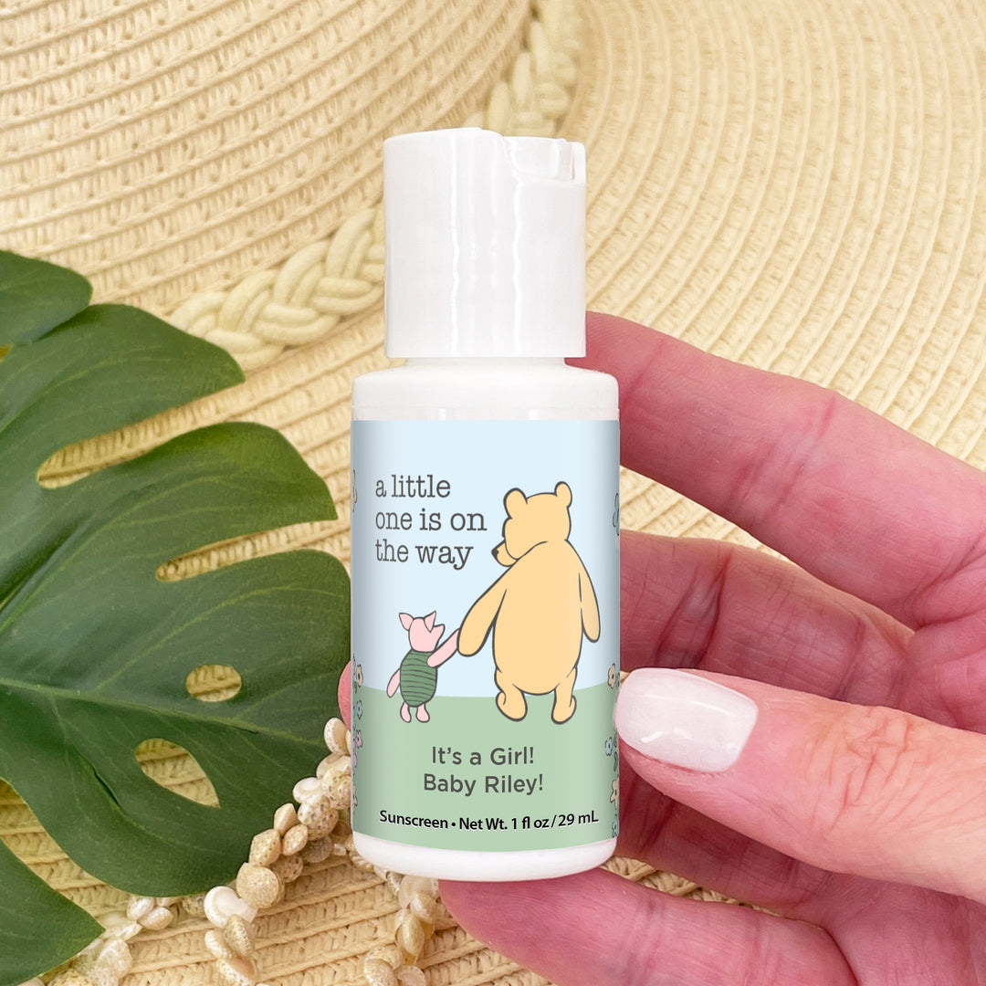 Sunscreen Baby Shower Favors, Gender Reveal, Pooh & Piglet Blue Skies Baby Shower, 1oz Sunscreen