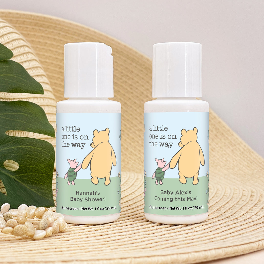 Sunscreen Baby Shower Favors, Gender Reveal, Pooh & Piglet Blue Skies Baby Shower, 1oz Sunscreen