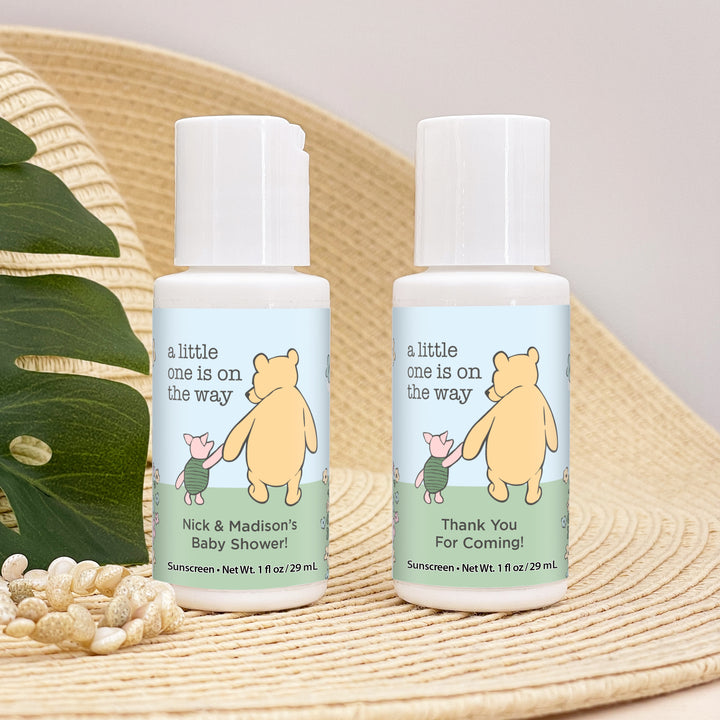 Sunscreen Baby Shower Favors, Gender Reveal, Pooh & Piglet Blue Skies Baby Shower, 1oz Sunscreen