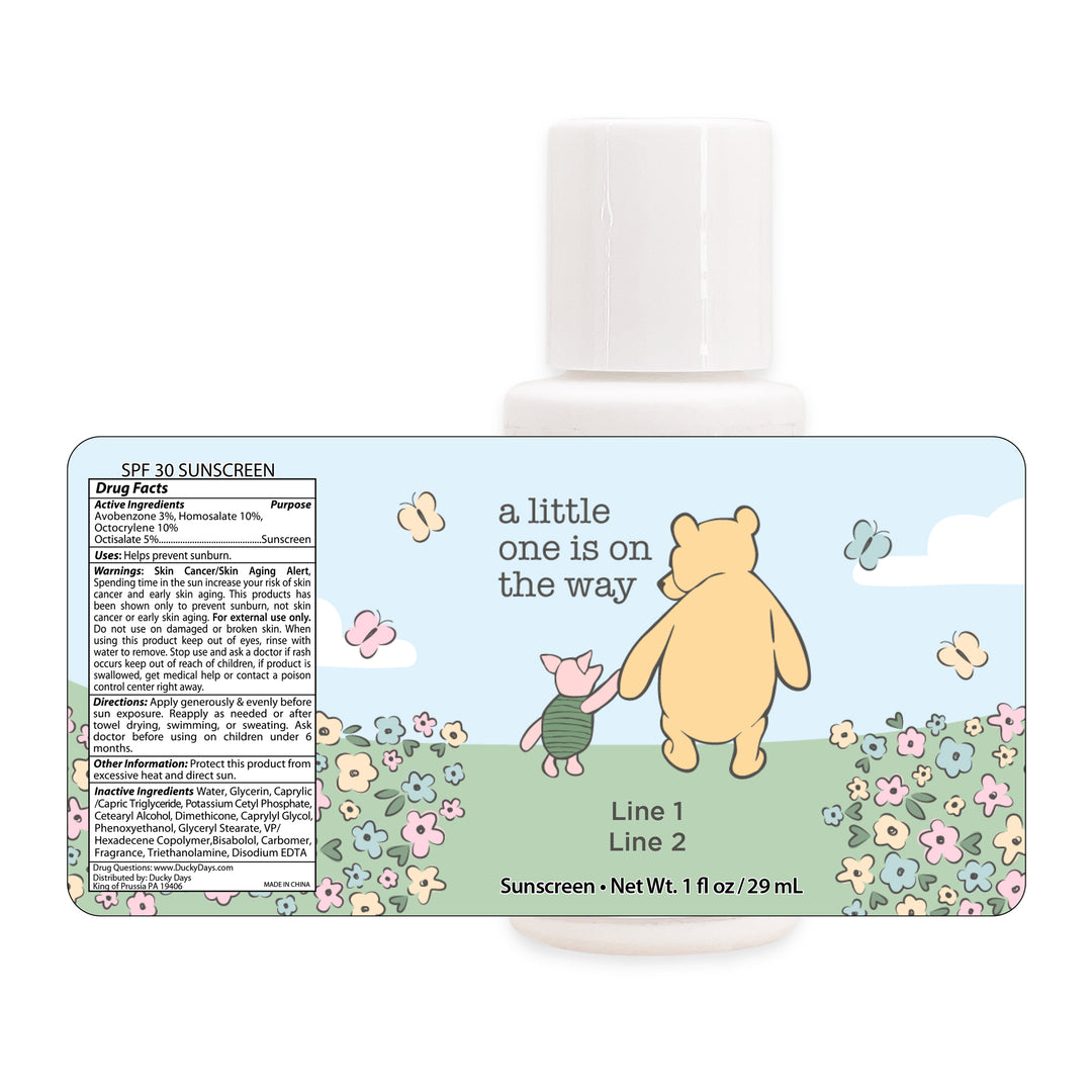 Sunscreen Baby Shower Favors, Gender Reveal, Pooh & Piglet Blue Skies Baby Shower, 1oz Sunscreen