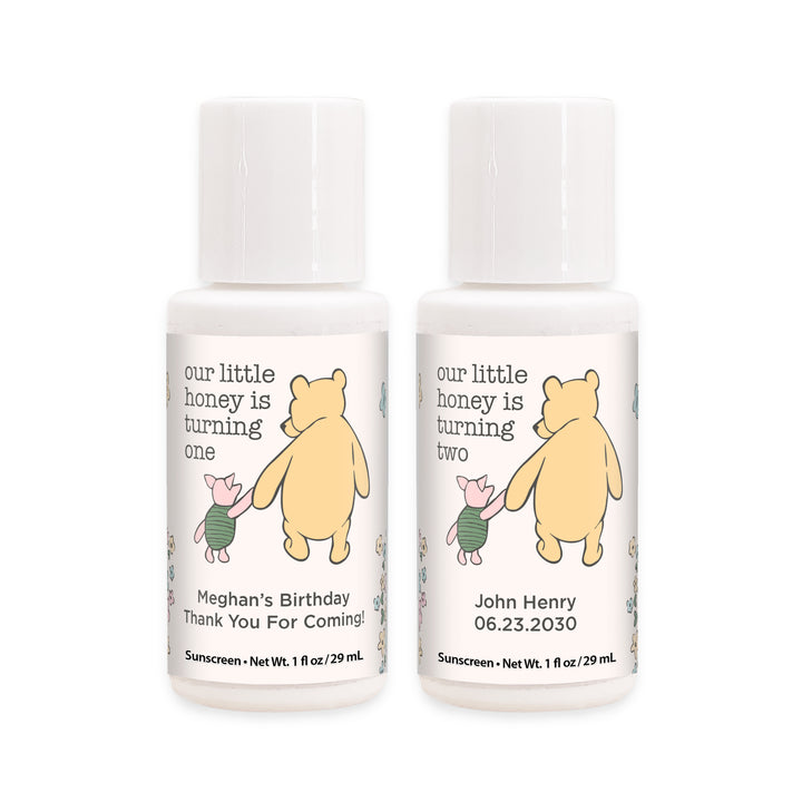 Sunscreen Birthday Party Favors, Pooh & Piglet Birthday, Our Little Honey is Turning One, 1oz Sunscreen