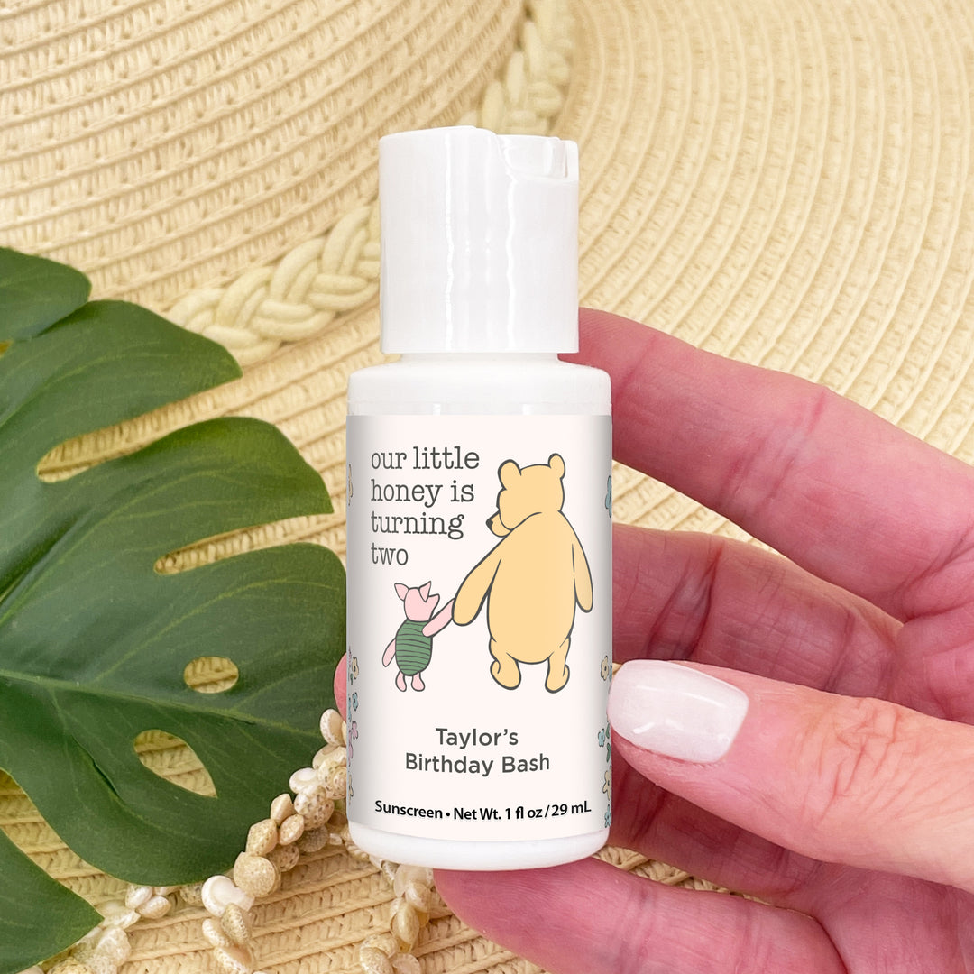 Sunscreen Birthday Party Favors, Pooh & Piglet Birthday, Our Little Honey is Turning One, 1oz Sunscreen