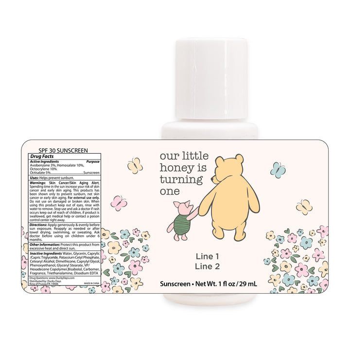 Sunscreen Birthday Party Favors, Pooh & Piglet Birthday, Our Little Honey is Turning One, 1oz Sunscreen