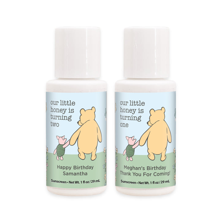 Sunscreen Birthday Party Favors, Pooh & Piglet Blue Skies Birthday, Our Little Honey is Turning One, 1oz Sunscreen