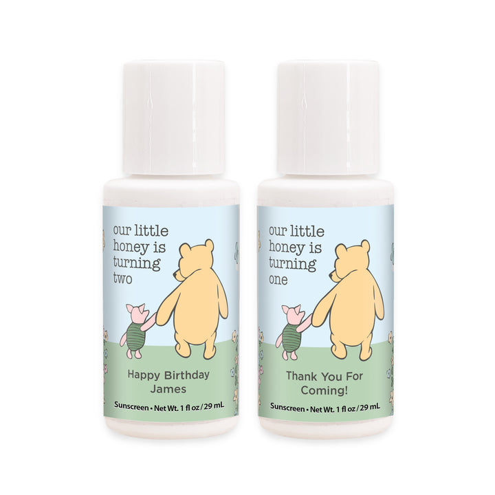 Sunscreen Birthday Party Favors, Pooh & Piglet Blue Skies Birthday, Our Little Honey is Turning One, 1oz Sunscreen