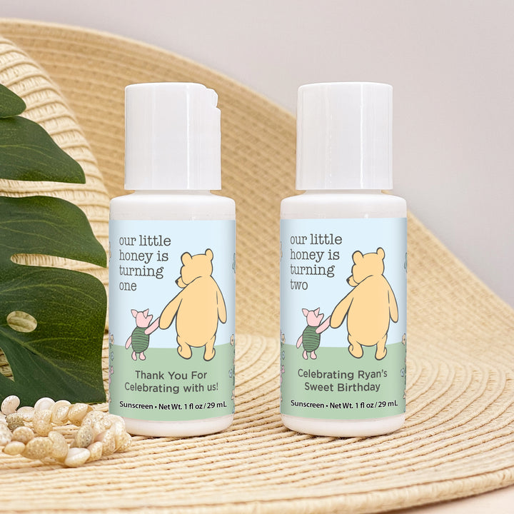 Sunscreen Birthday Party Favors, Pooh & Piglet Blue Skies Birthday, Our Little Honey is Turning One, 1oz Sunscreen