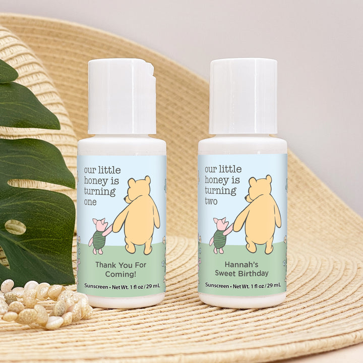 Sunscreen Birthday Party Favors, Pooh & Piglet Blue Skies Birthday, Our Little Honey is Turning One, 1oz Sunscreen