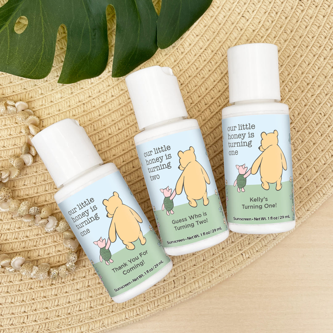 Sunscreen Birthday Party Favors, Pooh & Piglet Blue Skies Birthday, Our Little Honey is Turning One, 1oz Sunscreen