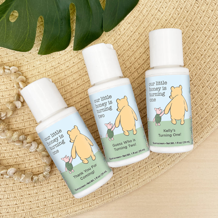 Sunscreen Birthday Party Favors, Pooh & Piglet Blue Skies Birthday, Our Little Honey is Turning One, 1oz Sunscreen