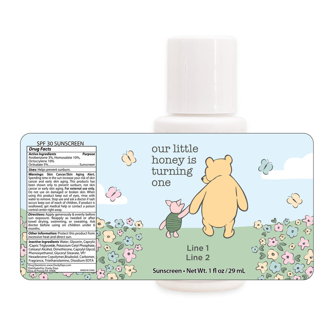 Sunscreen Birthday Party Favors, Pooh & Piglet Blue Skies Birthday, Our Little Honey is Turning One, 1oz Sunscreen
