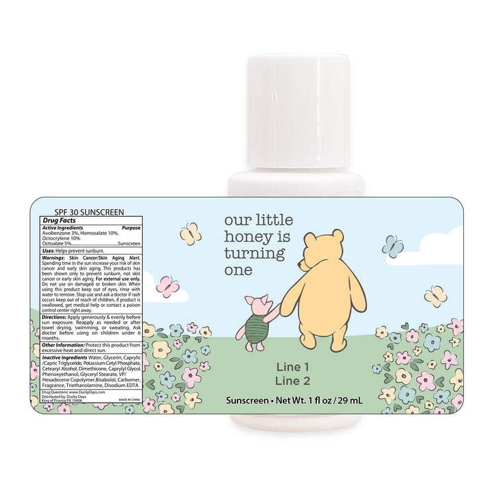 Sunscreen Birthday Party Favors, Pooh & Piglet Blue Skies Birthday, Our Little Honey is Turning One, 1oz Sunscreen